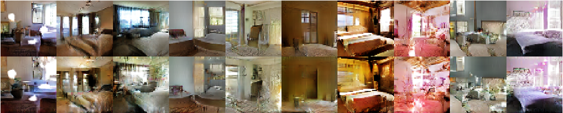 Figure 6: Top row: un-modified samples from model. Bottom row: the same samples generated with dropping out ”window” filters. Some windows are removed, others are transformed into objects with similar visual appearance such as doors and mirrors. Although visual quality decreased, overall scene composition stayed similar, suggesting the generator has done a good job disentangling scene representation from object representation. Extended experiments could be done to remove other objects from the image and modify the objects the generator draws. 